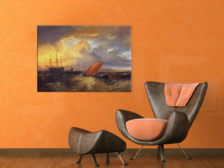 Винтидж картина на платно с мотив SHEERNESS VISTA DAL NORE – William Turner, океан, залез, вълни, детски мотив окачена в интериор на зона за релакс – интериор