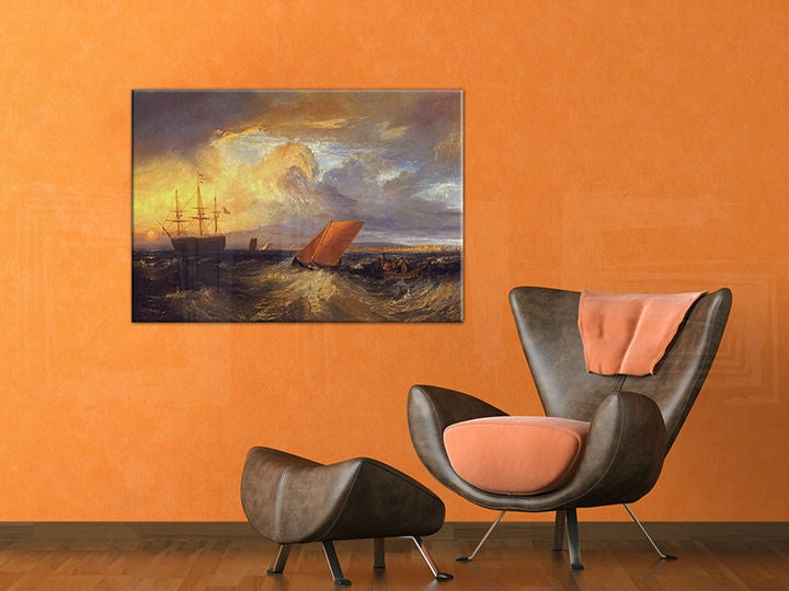 Винтидж картина с мотив SHEERNESS VISTA DAL NORE – William Turner, океан, залез в синьо-оранжево нюанси – преглед