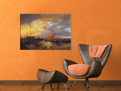 Винтидж картина с мотив SHEERNESS VISTA DAL NORE – William Turner, океан, залез в синьо-оранжево нюанси – преглед
