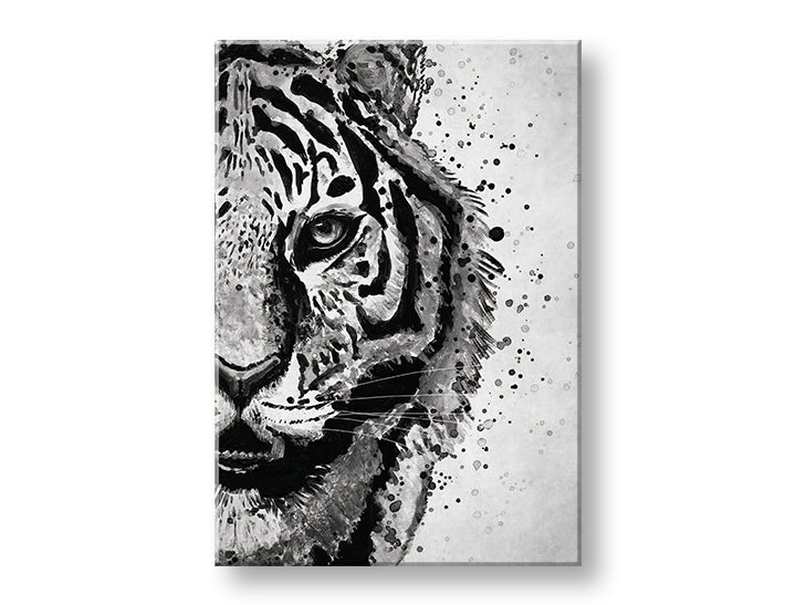 Модерна картина на платно с мотив TIGER 001, тигър, пейзаж в бяло-сиво нюанси, интензивна атмосфера, природа и сила, подходяща за работен кабинет – основна