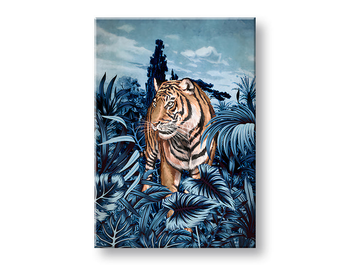 Поп арт картина на платно с мотив TIGER V PRÍRODE 001, тигър, дървета, небе, облаци в бяло-синьо нюанси, спокойна атмосфера, подходяща за хол – основна