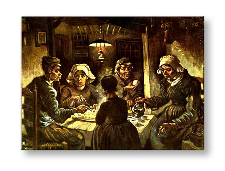 Винтидж картина на платно с мотив Vincent van Gogh - Jedáci zemiakov, карта, природа в бежово-кафяво нюанси, мрачна атмосфера, подходяща за кухня – продукт, изглед 2