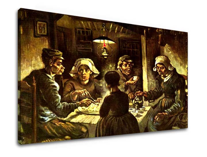 Винтидж картина на платно с мотив Vincent van Gogh - Jedáci zemiakov, карта, природа в бежово-кафяво нюанси, мрачна атмосфера, подходяща за кухня – продукт