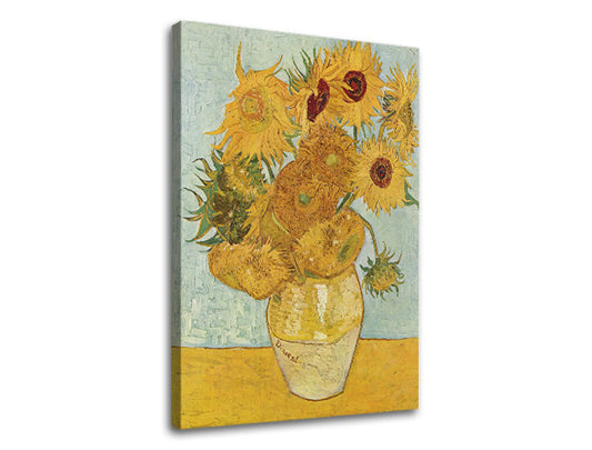 Винтидж картина на платно с мотив Vincent van Gogh - Váza s dvanástimi slnečnicami, ваза, цветя в синьо-жълто нюанси, жизнена атмосфера, подходяща за хол – продукт