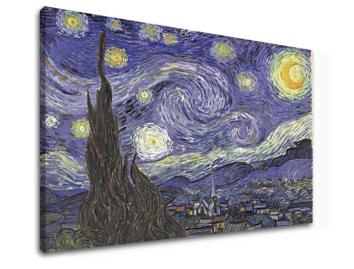 Винтидж картина на платно с мотив Vincent van Gogh - Hviezdna noc, нощно небе, звезди, карта, природа в бяло-синьо нюанси, подходяща за работен кабинет – продукт