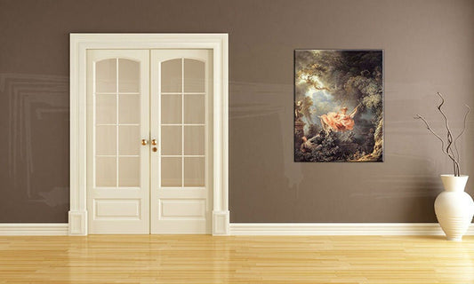Винтидж картина с мотив HOJDAČKA – Jean-Honoré Fragonard, дървета, пейзаж в розово-зелено нюанси | Картина на платно HOJDAČKA – Jean-Honoré Fragonard – преглед