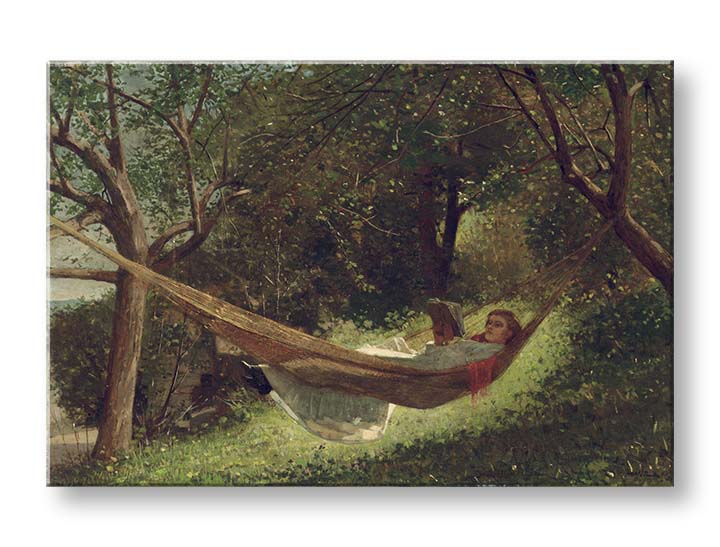 Винтидж картина на платно с мотив Winslow Homer - Dievča v hojdacej sieti, книга, дървета, пейзаж, карта в зелено нюанси, спокойна атмосфера – продукт, изглед 2