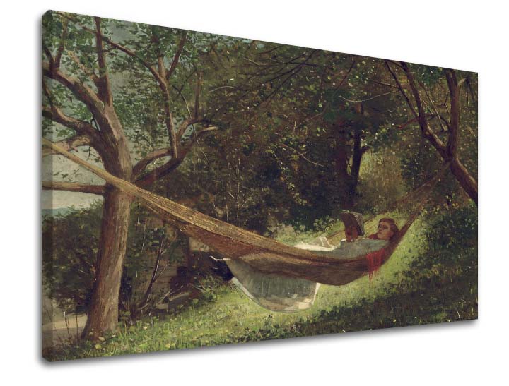 Винтидж картина на платно с мотив Winslow Homer - Dievča v hojdacej sieti, книга, дървета, пейзаж, карта в зелено нюанси, спокойна атмосфера – продукт