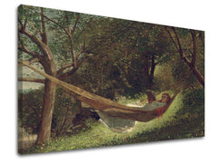 Винтидж картина на платно с мотив Winslow Homer - Dievča v hojdacej sieti, книга, дървета, пейзаж, карта в зелено нюанси, спокойна атмосфера – продукт