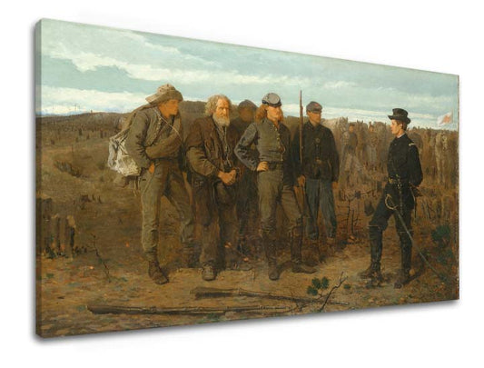 Винтидж картина на платно с мотив Winslow Homer - Затворници z frontu, коне, пейзаж, карта, природа в бежово-синьо нюанси, празнична атмосфера – продукт