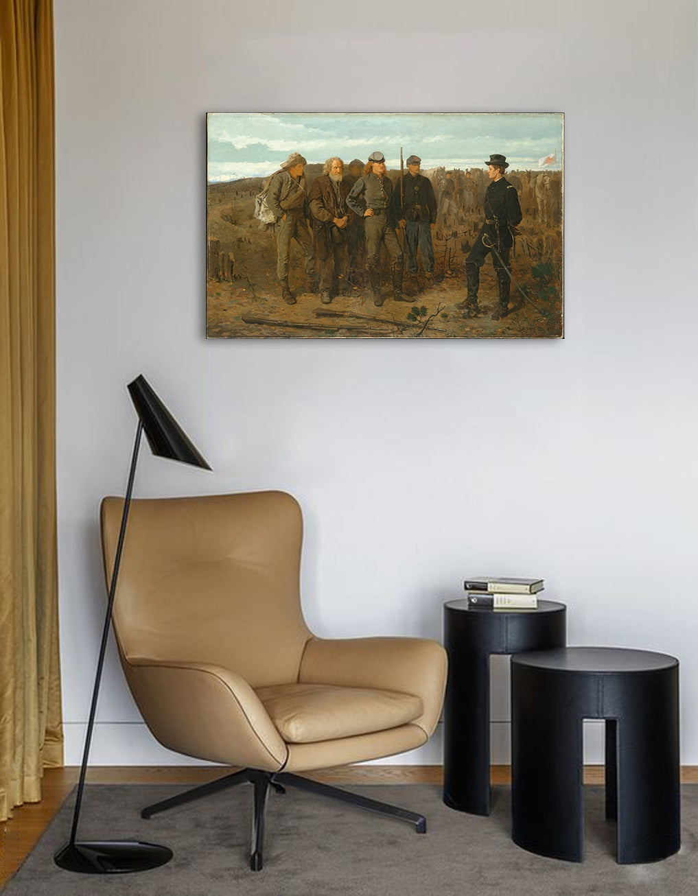 Винтидж картина с мотив Winslow Homer - Затворници z frontu, коне, пейзаж в бежово-синьо нюанси | Картина на платно Winslow Homer - Затворници z frontu – преглед