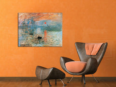 Винтидж картина на платно с мотив ЗАЛЕЗ V PRÍSTAVE – Claude Monet, слънце, кораб, пристанище, пейзаж окачена в интериор на ��она за релакс | Картина на платно ЗАЛЕЗ V PRÍSTAVE – Claude Monet