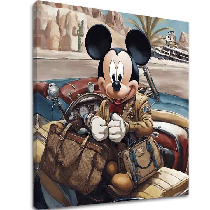 Винтидж картина на платно с мотив Mickey Mouse na Dovolenke, пейзаж в синьо-червено нюанси, приключение и носталгия, подходяща за детска стая – основна