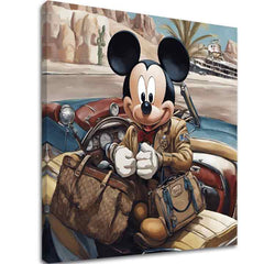 Винтидж картина на платно с мотив Mickey Mouse na Dovolenke, пейзаж в синьо-червено нюанси, приключение и носталгия, подходяща за детска стая – основна