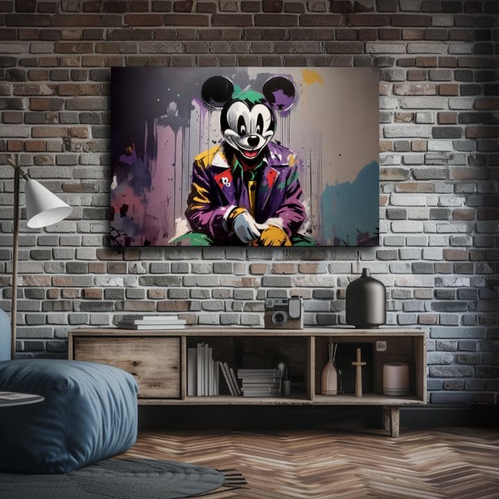 Поп арт картина на платно с мотив Mickey Mouse z Horroru, детски мотив в виолетово-зелено нюанси, дръзка атмосфера, поп култура и носталгия | Картина на платно - Mickey Mouse z Horroru – продукт