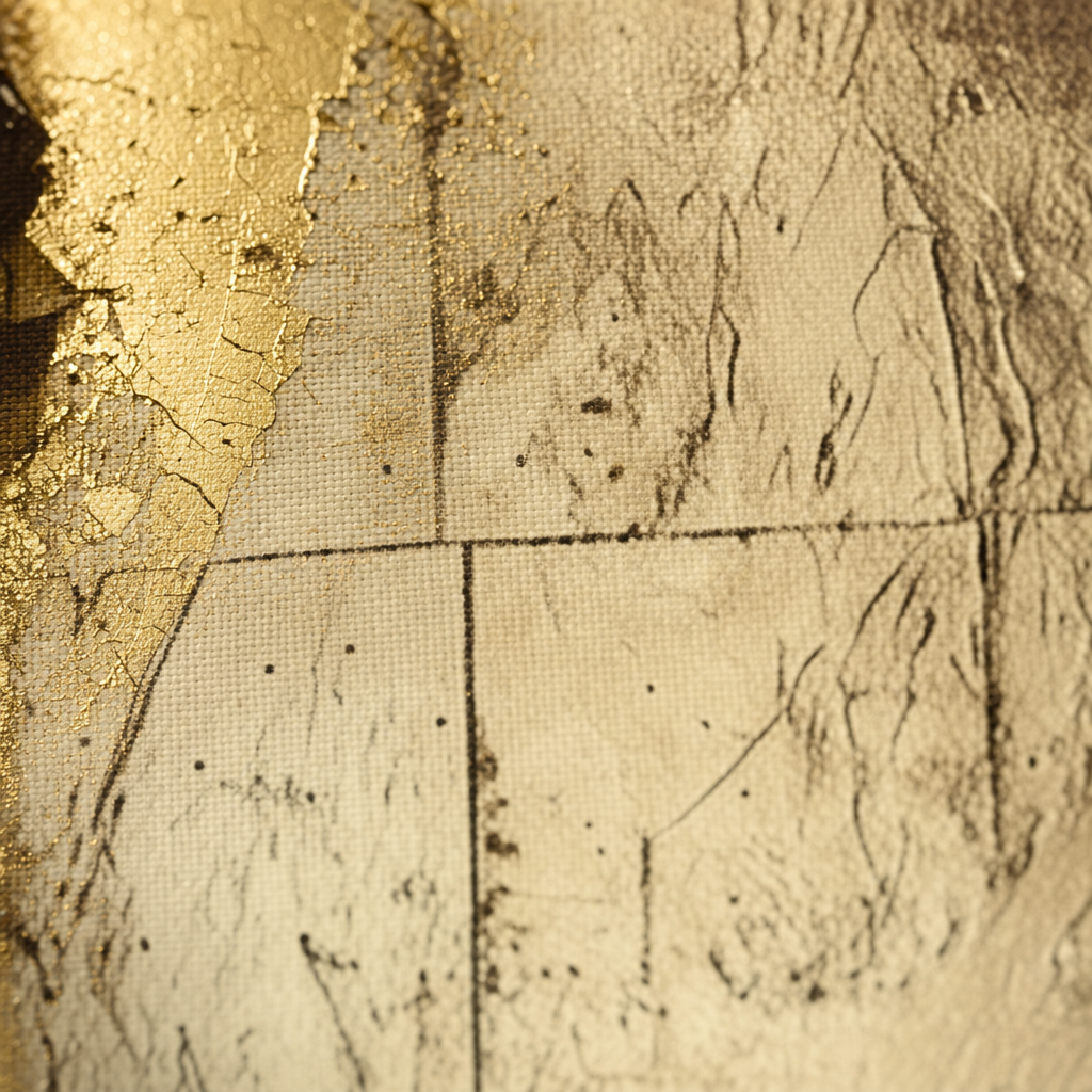 Ръчно рисувано платно с релефна синя чаша за чай и златни елементи, изобразяващо луксозен дизайн Papilora.
