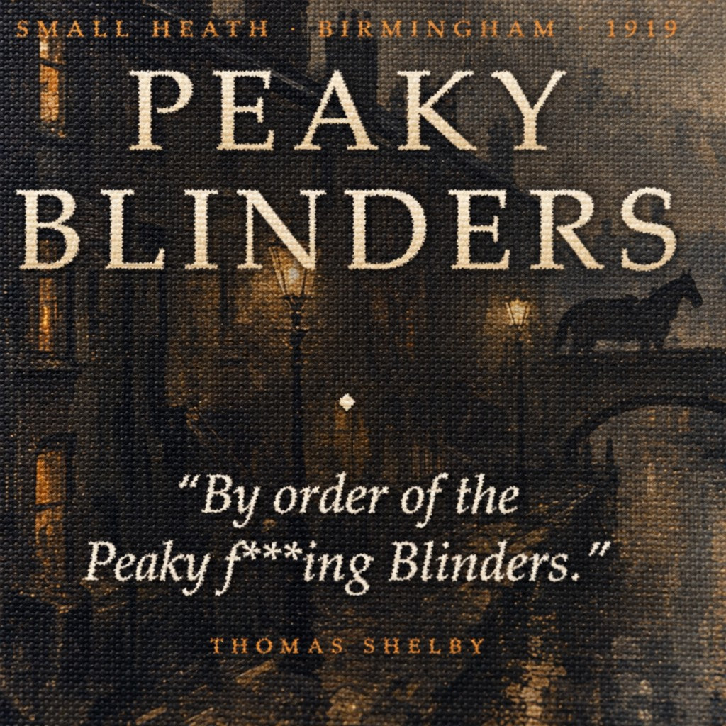 Детайлен поглед върху картина Peaky Blinders с надпис и цитат, качествена текстура на платното
