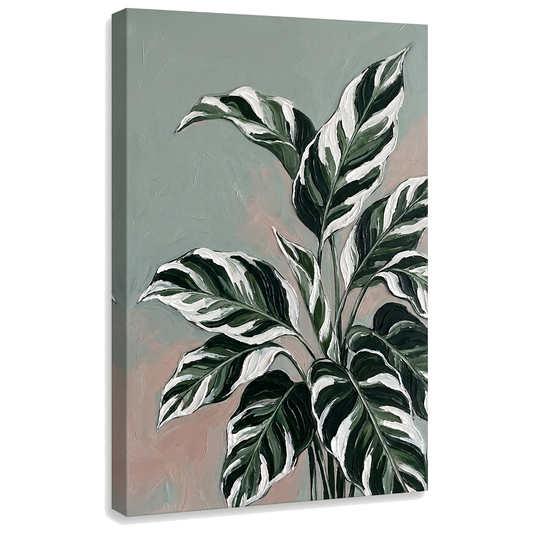 Картина с големи тропически листа върху платно — 3D визуализация на канава с видима дървена рамка, Papilora Premium Art.