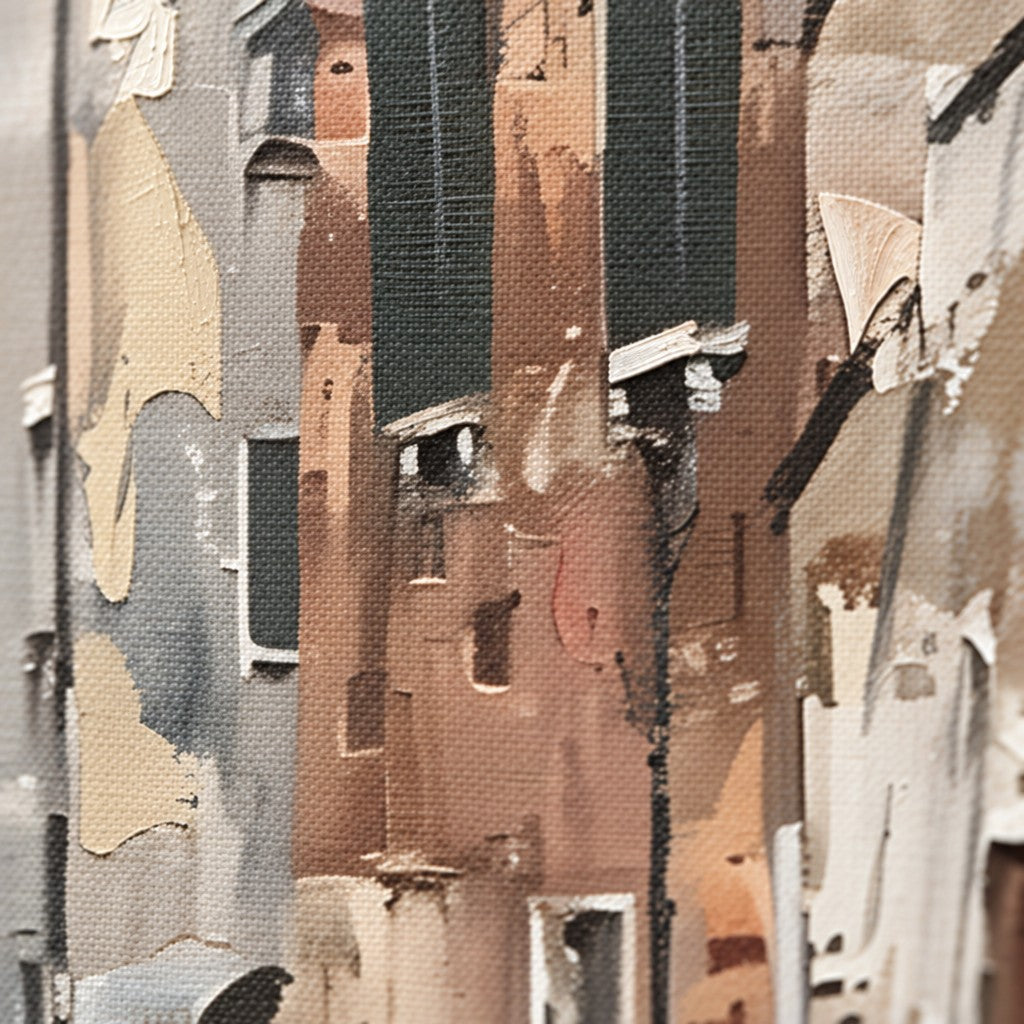 Картина на венециански канал с лодки – детайл на структурата на боята отблизо