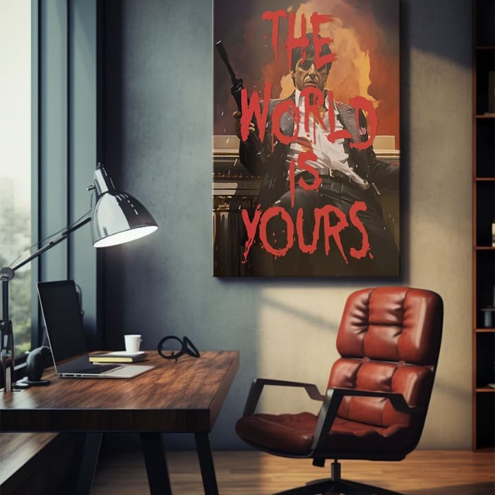 Поп арт картина на платно с мотив The world is yours в бяло-оранжево нюанси, интензивна атмосфера, сила и мощ | Scarface картина на платно The world is yours – продукт, изглед 2