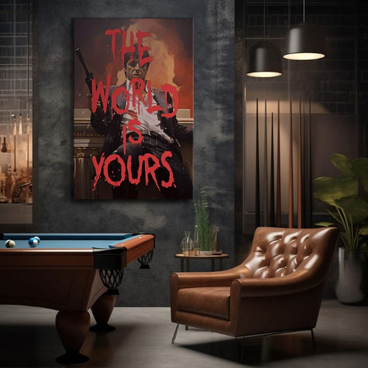 Поп арт картина на платно с мотив The world is yours в бяло-оранжево нюанси, интензивна атмосфера, сила и мощ | Scarface картина на платно The world is yours – продукт