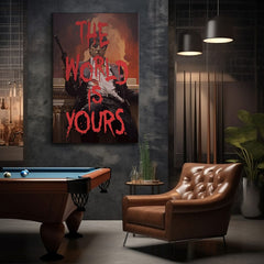 Поп арт картина на платно с мотив The world is yours в бяло-оранжево нюанси, интензивна атмосфера, сила и мощ | Scarface картина на платно The world is yours – продукт