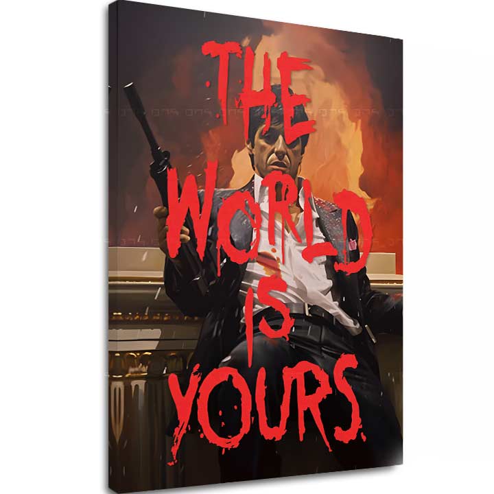 Поп арт картина на платно с мотив The world is yours в бяло-оранжево нюанси, интензивна атмосфера, сила и мощ | Scarface картина на платно The world is yours – основна