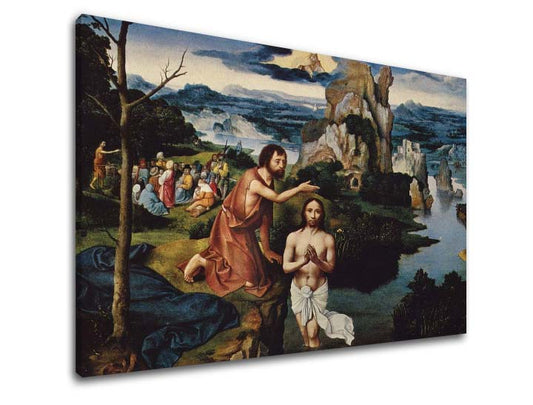 Модерна картина на платно с мотив Joachim Patinir - Krst Ježiša Krista, замък в кафяво-синьо нюанси, празнична атмосфера, природа | Картина на платно Joachim Patinir - Krst Ježiša Krista – основна