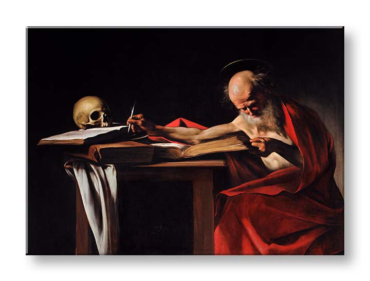 Винтидж картина на платно с мотив Michelangelo Caravaggio - Свет Jeroným, череп, карта в кафяво-червено нюанси, празнична атмосфера, подходяща за работен кабинет – продукт, изглед 2
