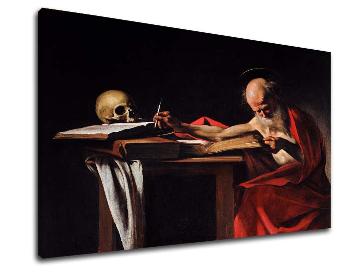 Винтидж картина на платно с мотив Michelangelo Caravaggio - Свет Jeroným, череп, карта в кафяво-червено нюанси, празнична атмосфера, подходяща за работен кабинет – продукт