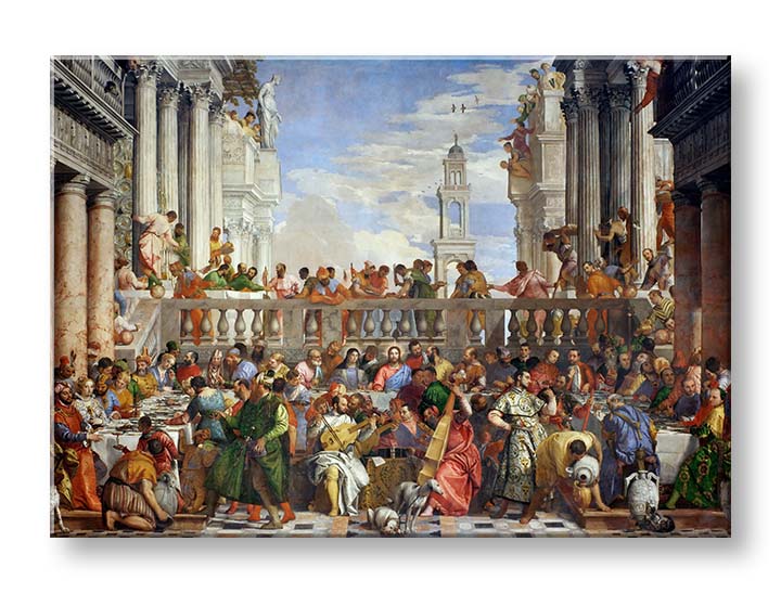 Поп арт картина на платно с мотив Paolo Veronese - Svadba v Káne Galilejskej в синьо-зелено нюанси, празнична атмосфера, подходяща за кухня – продукт, изглед 2