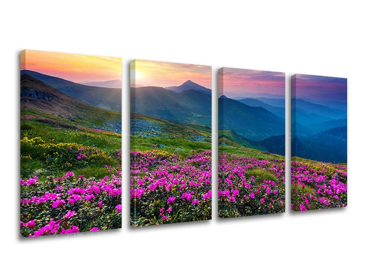 Поп арт картина на платно с мотив СЛОВАКИЯ, планини, залез, небе, пейзаж в виолетово-розово нюанси, спокойна атмосфера, многопанелно изпълнение – основна