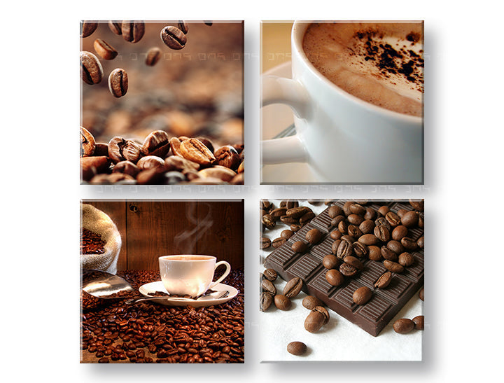 Колаж картина на платно с мотив Coffee time, чаша кафе, религиозен мотив в бежово-кафяво нюанси, уютна атмосфера, многопанелно изпълнение – основна