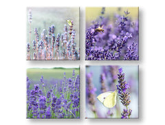 Колаж картина на платно с мотив Lavender dream, лавандула, пеперуда, цветя, поле в виолетово-зелено нюанси, спокойна атмосфера, многопанелно изпълнение – основна