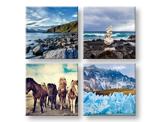 В бохо стил картина с мотив Walking through the Iceland, коне, планини в синьо-зелено нюанси | Картина за стена Walking through the Iceland – преглед