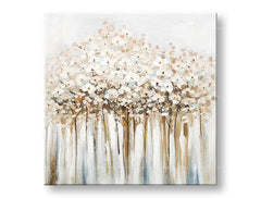 В скандинавски стил картина с мотив дървета, гора, цветя в бяло-бежово нюанси | Рисувана картина за стена ЦВЕТЯ, пролетна атмосфера и символ на обновяване – пр��глед