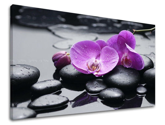 Класическа картина на платно с мотив FENG SHUI, орхидея, цветя, природа в виолетово-черно нюанси, спокойна атмосфера, природа и минимализъм – основна