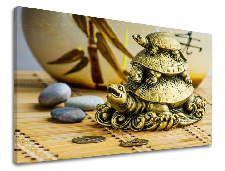 Класическа картина на платно с мотив FENG SHUI, природа в бежово-златно нюанси, спокойна атмосфера, природа, подходяща за хол | Картина за стена FENG SHUI – основна