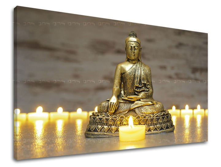 Класическа картина на платно с мотив FENG SHUI, природа в златно нюанси, сп��койна атмосфера, духовност и вътрешен мир, подходяща за хол – основна