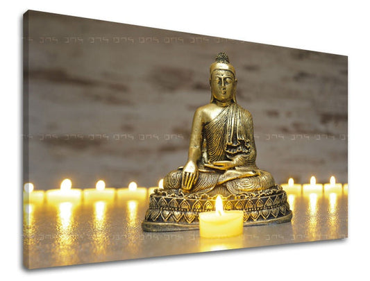 Класическа картина на платно с мотив FENG SHUI, природа в златно нюанси, сп��койна атмосфера, духовност и вътрешен мир, подходяща за хол – основна