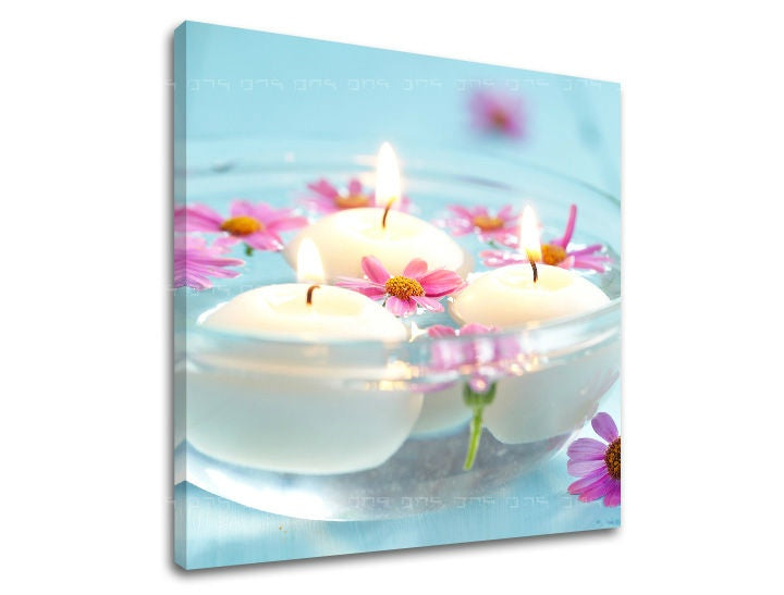Индустриална картина на платно с мотив FENG SHUI, цветя, пейзаж, природа в синьо-сребърно нюанси, спокойна атмосфера, природа, подходяща за хол – основна