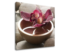 Класическа картина на платно с мотив FENG SHUI, орхидея, цвете, пейзаж, природа в синьо-сребърно нюанси, спокойна атмосфера, подходяща за хол – основна