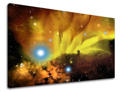 Класическа картина на платно с мотив звезди, силует, галактика, вселена в синьо-оранжево нюанси, етерична атмосфера, самота, подходяща за хол – основна