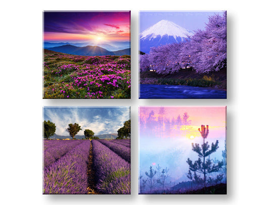 Колаж картина на платно с мотив Everywhere purple, планини, цветя, дървета, залез в виолетово-розово нюанси, спокойна атмосфера, подходяща за хол – основна