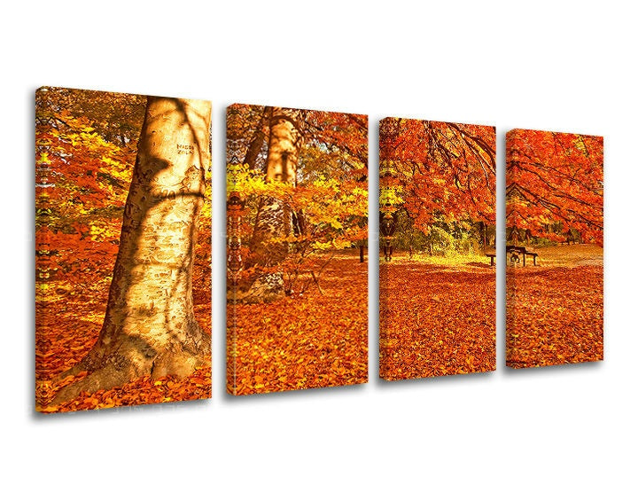 В бохо стил картина с мотив дървета, гора, пейка в парка в кафяво-червено нюанси | Картина за стена ДЪРВЕТА, природа – преглед