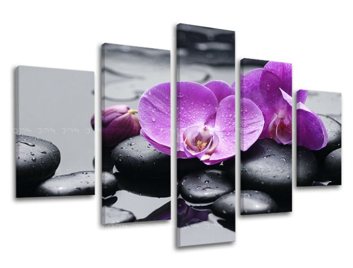 Индустриална картина на платно с мотив FENG SHUI, орхидея, цветя, пейзаж, природа в сиво нюанси, спокойна атмосфера, природа и минимализъм – основна