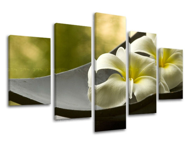 Индустриална картина на платно с мотив FENG SHUI, цветя, карта, природа в бяло-зелено нюанси, спокойна атмосфера, природа и тропически рай – основна