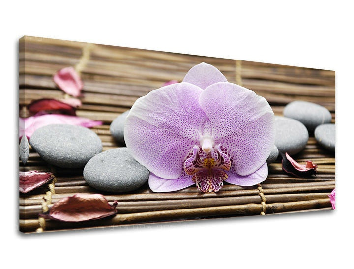 Класическа картина на платно с мотив ПАНОРАМА FENG SHUI, орхидея, фенг шуй, пейзаж, природа в сиво нюанси, спокойна атмосфера, подходяща за хол – основна