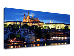 Класическа картина на платно с мотив ПАНОРАМА PRAHA, нощно небе, пейзаж, природа в бяло-синьо нюанси, величествена атмосфера, подходяща за работен кабинет – основна
