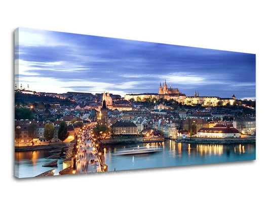 Индустриална картина на платно с мотив ПАНОРАМА PRAHA, архитектура, детски мотив, карта, градски мотив в синьо-жълто нюанси, подходяща за работен кабинет – основна